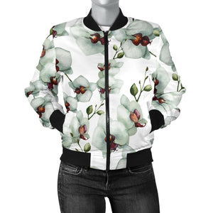 White Orchid Pattern Women Bomber Jacket