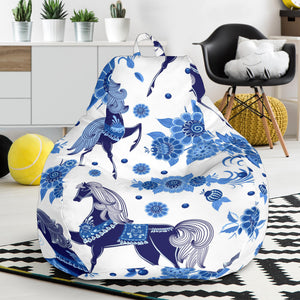 Horse Flower Blue Theme Pattern Bean Bag Cover