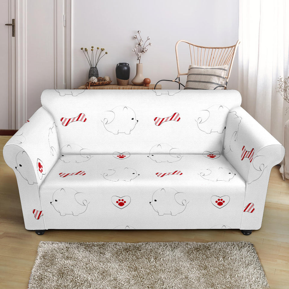 White Pomeranian Pattern Loveseat Couch Slipcover