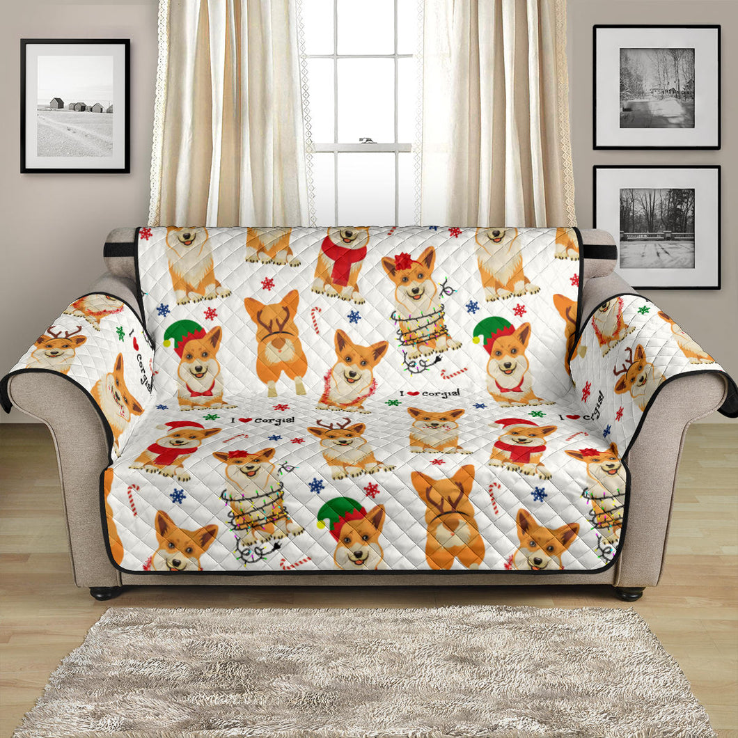 Christmas Corgi Pattern Background Loveseat Couch Cover Protector