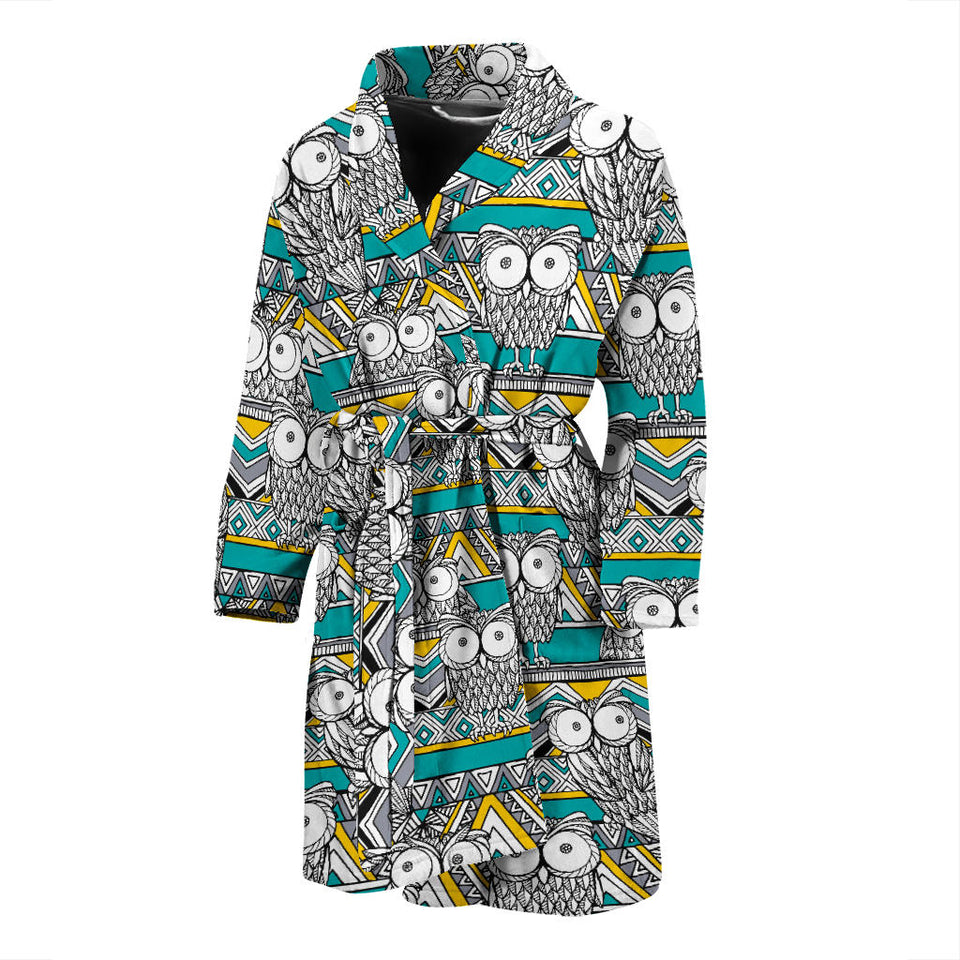 Owl Pattern Green Background Men Bathrobe