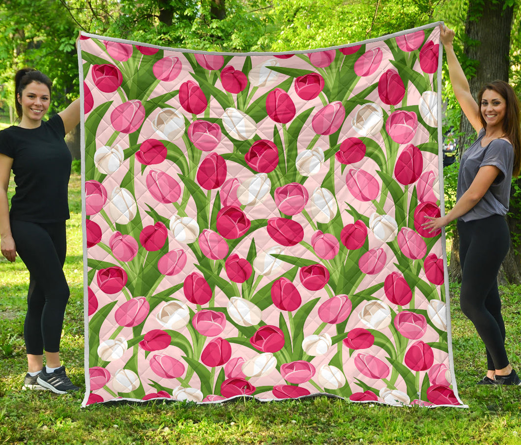 Pink White Tulip Pattern Premium Quilt White