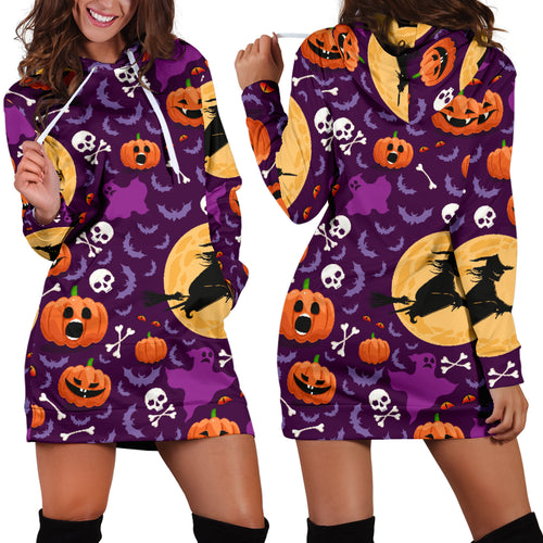 Halloween Pumpkin Witch Pattern Women Hoodie Dress