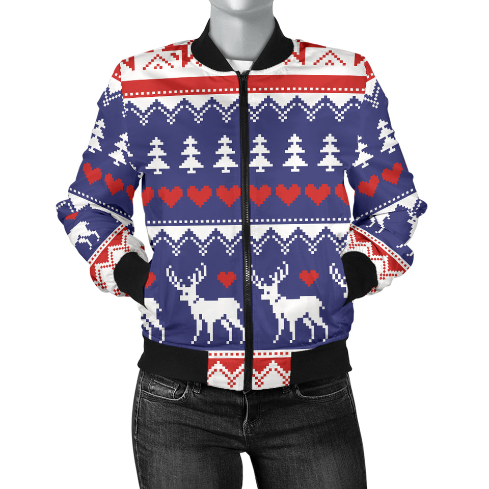 Deer Sweater Printed Pattern Women Bomber Jacket