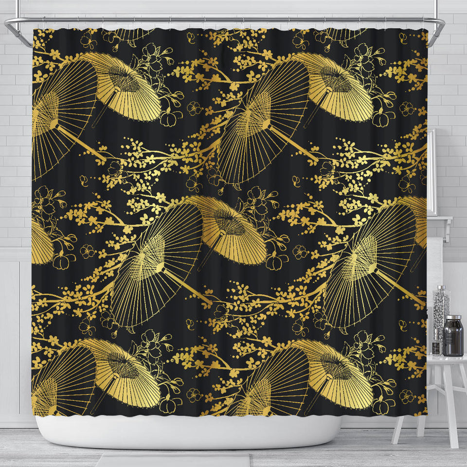 Gold Fan Flower Japanese Pattern Shower Curtain Fulfilled In US