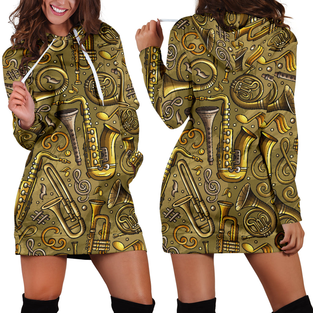 Saxophone Gold Pattern Women Hoodie Dress