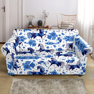 Horse Flower Blue Theme Pattern Loveseat Couch Slipcover