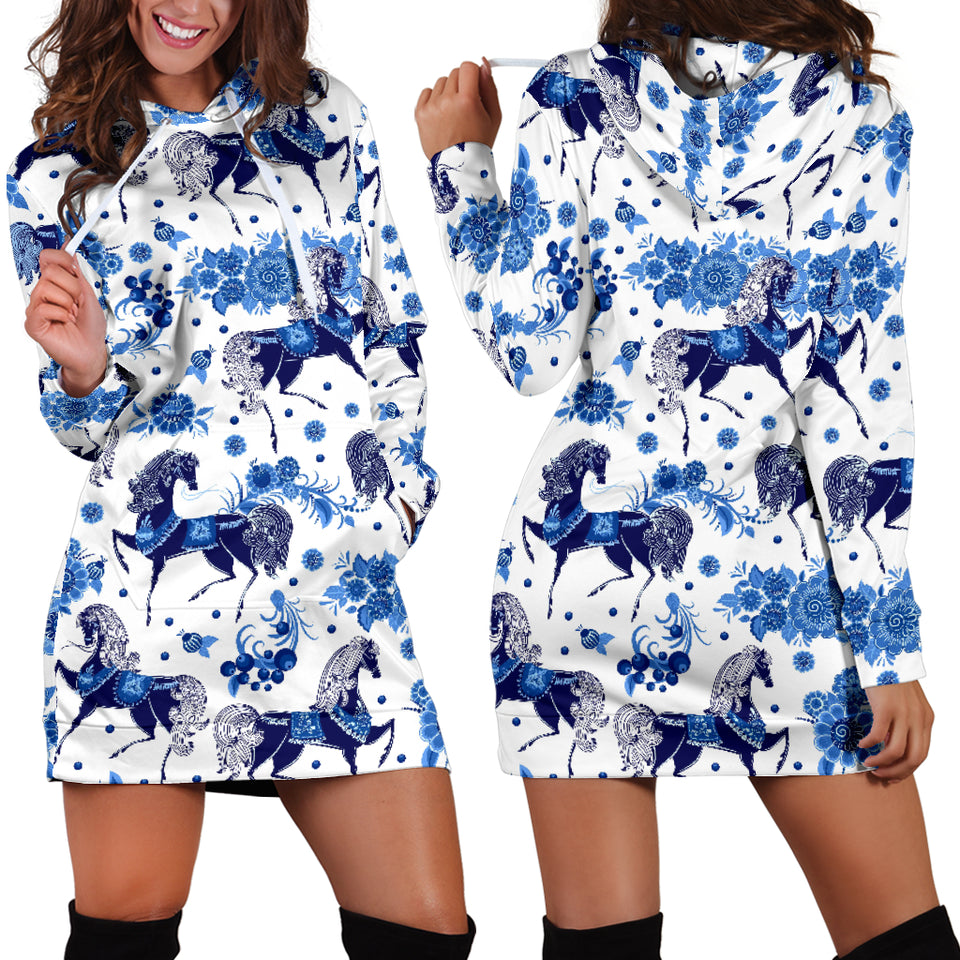 Horse Flower Blue Theme Pattern Women Hoodie Dress