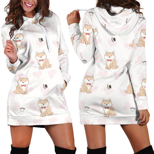 Cute Shiba Inu Heart Pattern Women Hoodie Dress