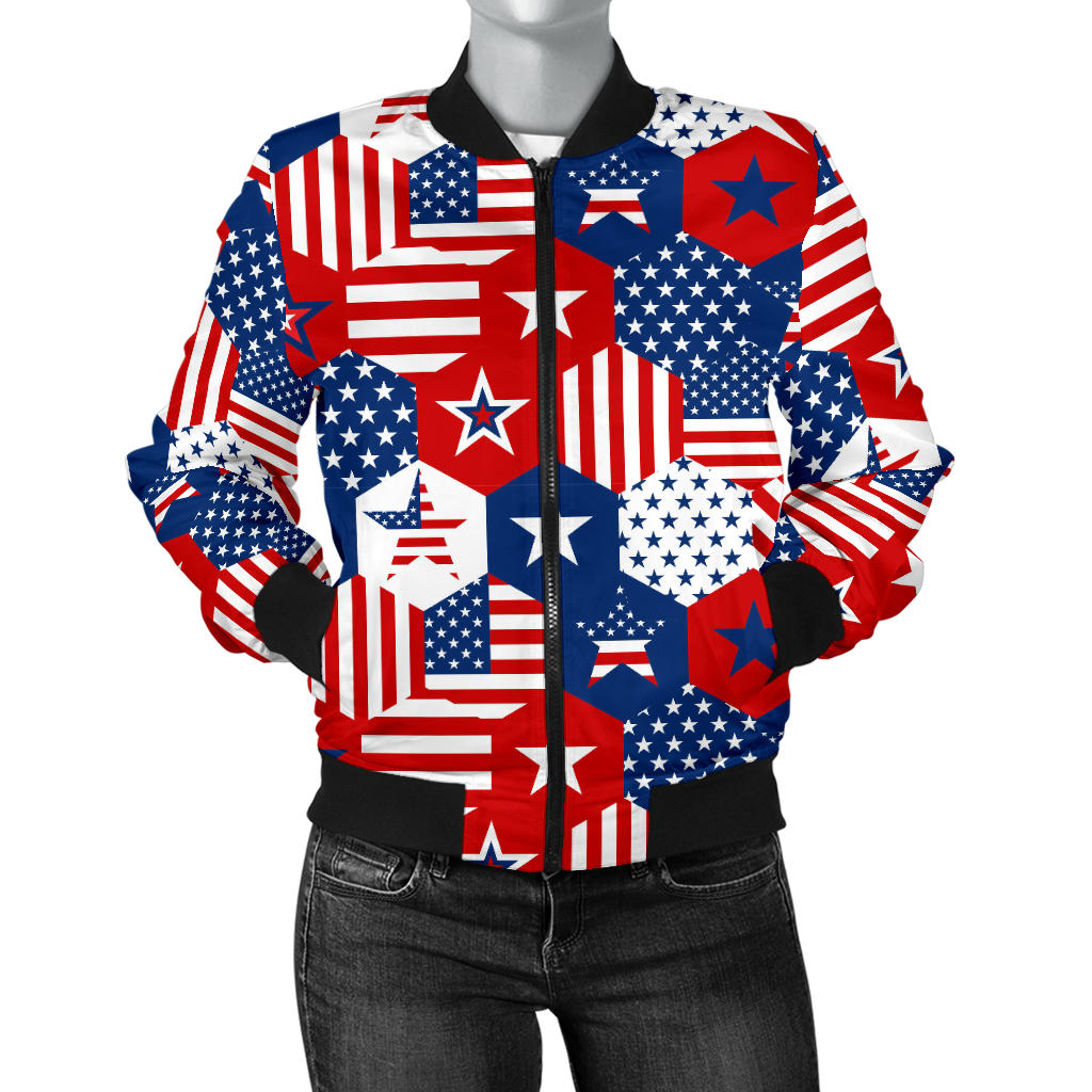 USA Star Hexagon Pattern Women Bomber Jacket