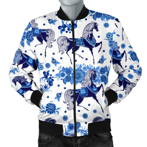 Horse Flower Blue Theme Pattern Men Bomber Jacket