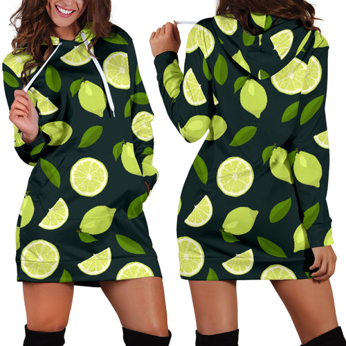 Lime Leaves Pattern Women Hoodie Dress