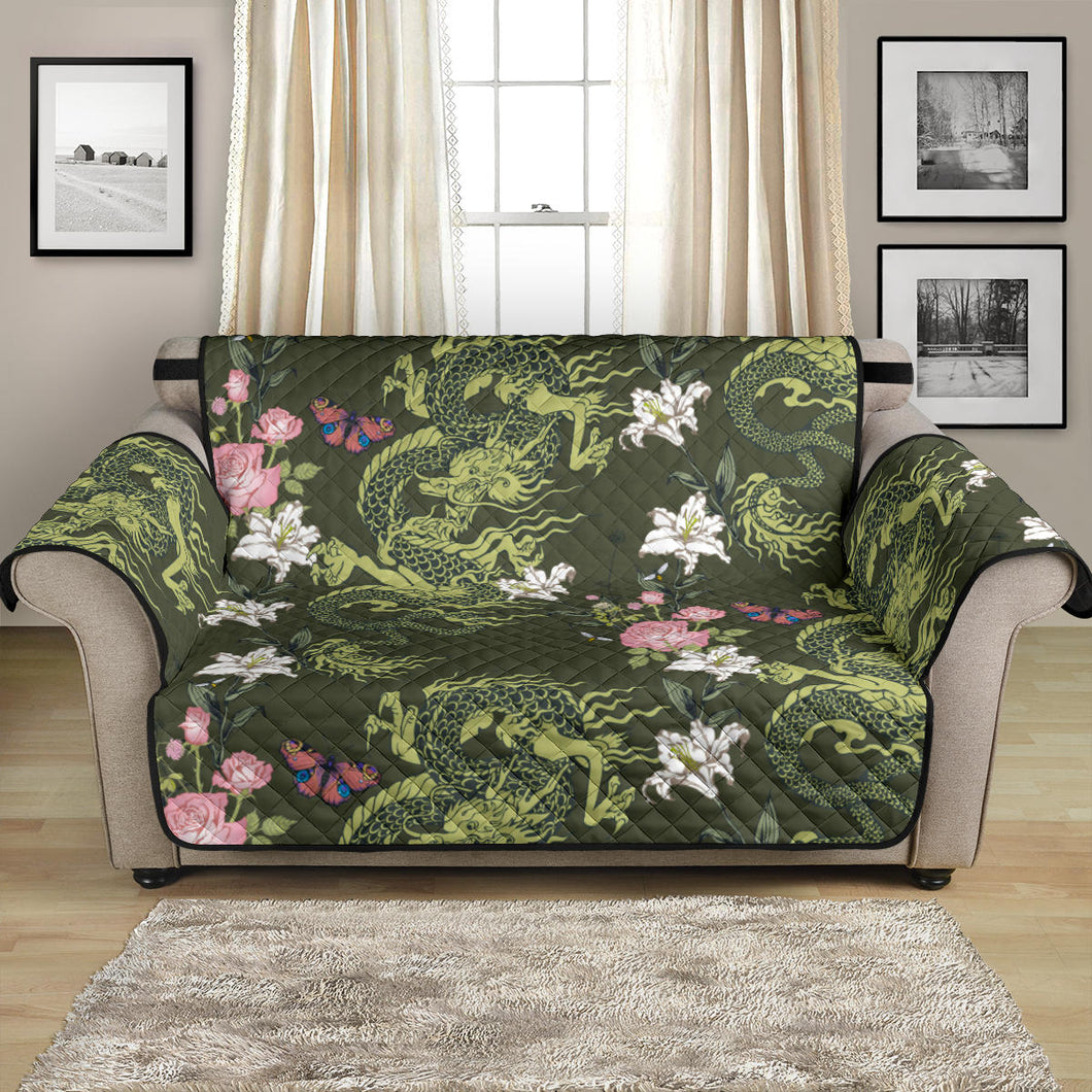 Green Dragon Rose Flower Pattern Loveseat Couch Cover Protector