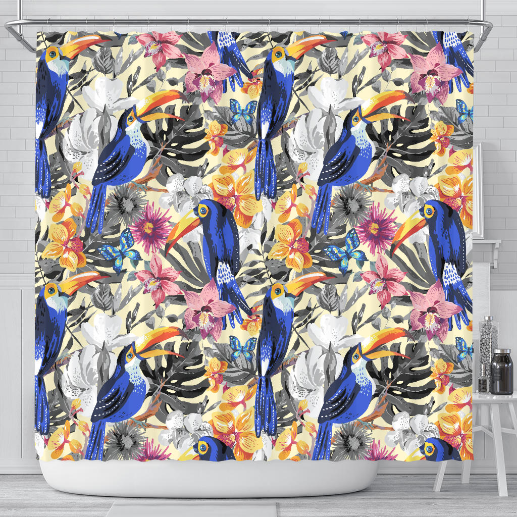 Toucan Leaves Flower Pattern Shower Curtain Fulfilled In US