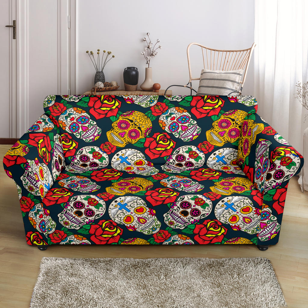 Suger Skull Pattern Background Loveseat Couch Slipcover