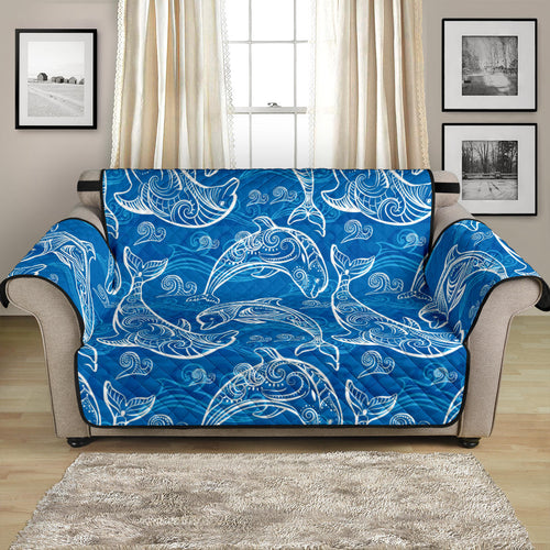 Dolphin Tribal Blue Pattern  Loveseat Couch Cover Protector