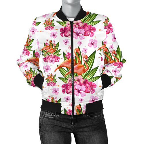 Flamingo Pink Hibiscus Pattern Women Bomber Jacket