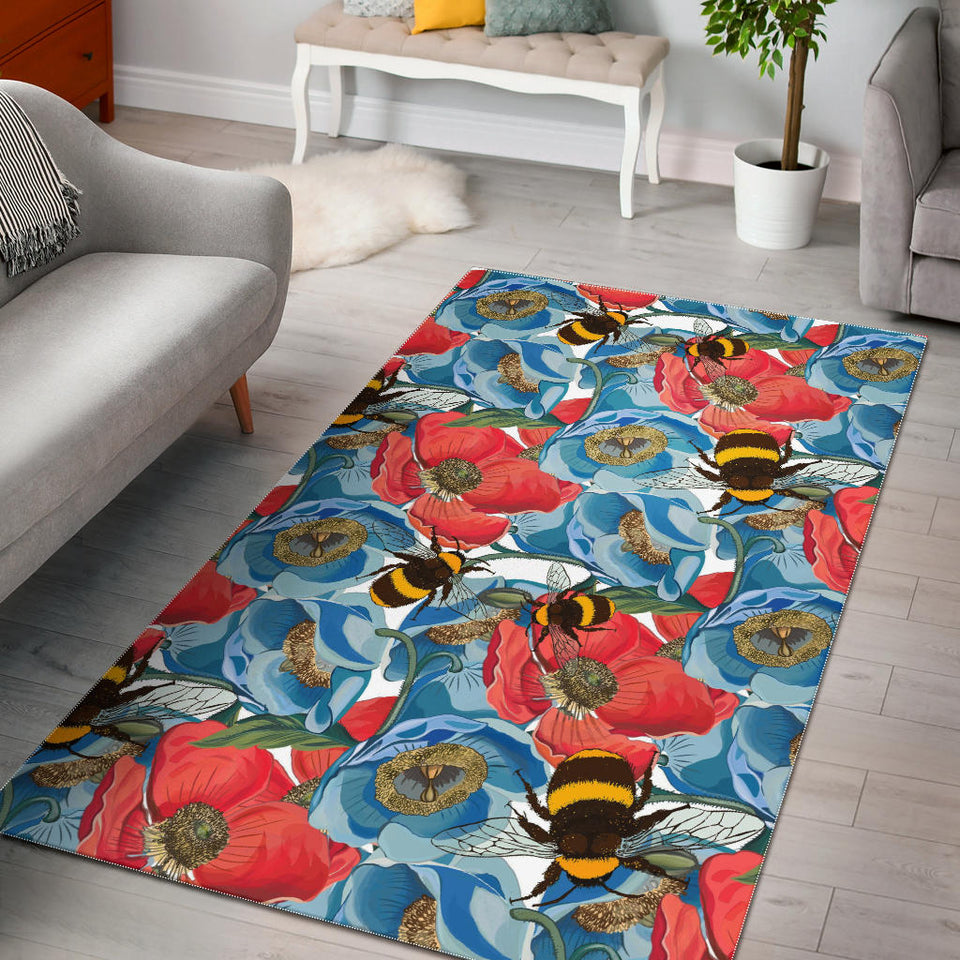 Bee Red and Blue Hibiscus Pattern Area Rug