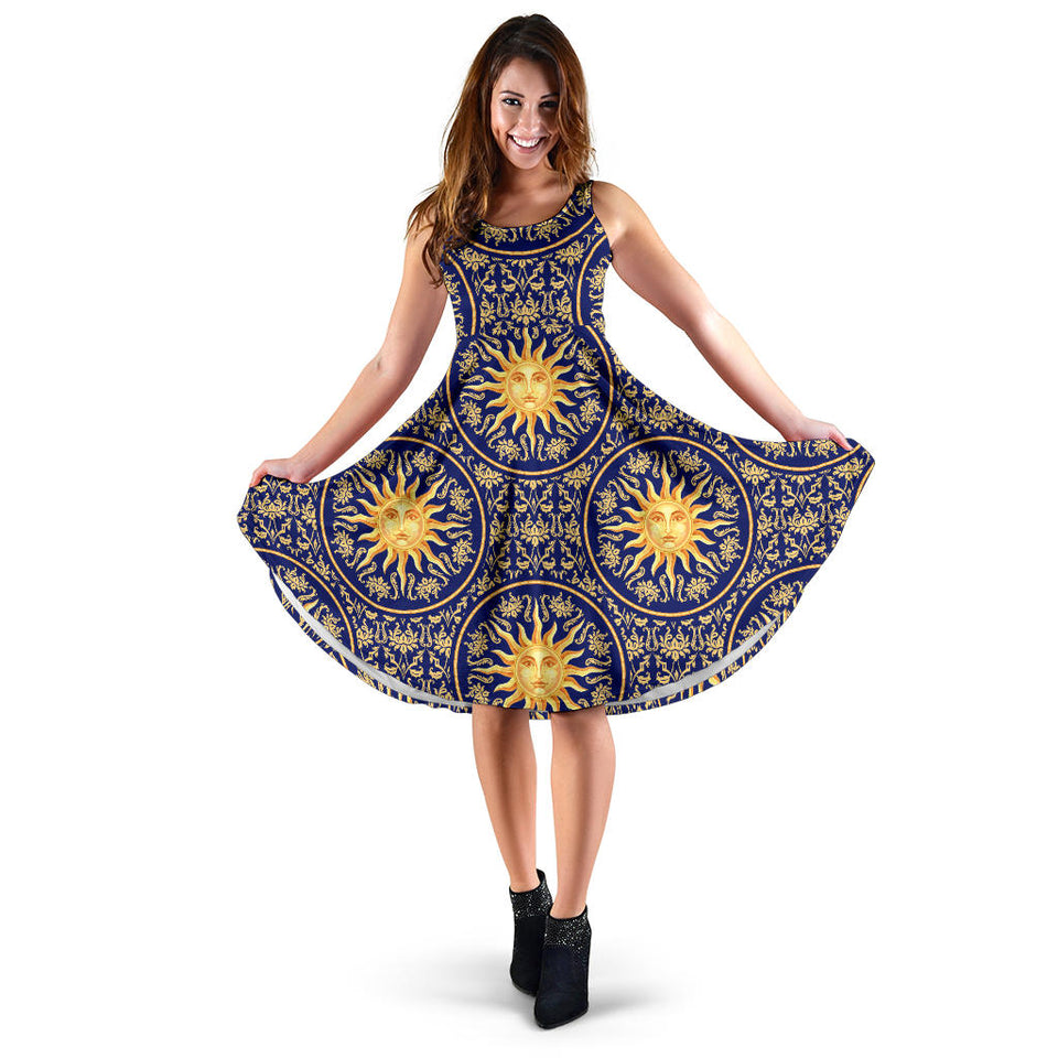 Sun Pattern Sleeveless Midi Dress