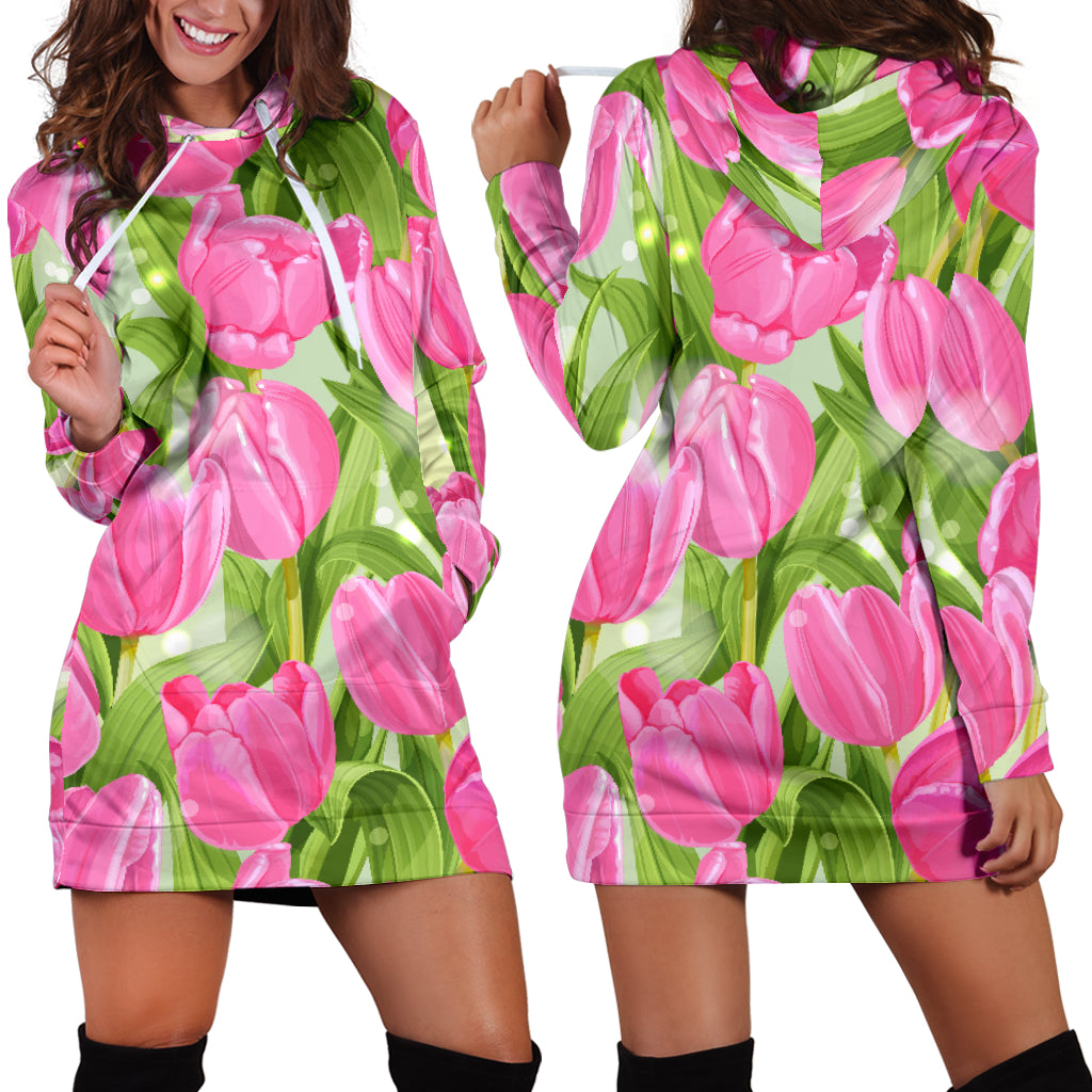 Pink Tulip Pattern Women Hoodie Dress