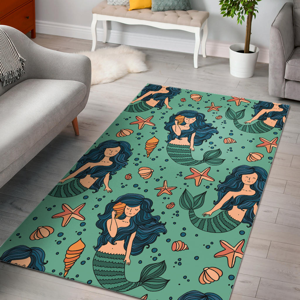 Mermaid Pattern Green Background Area Rug