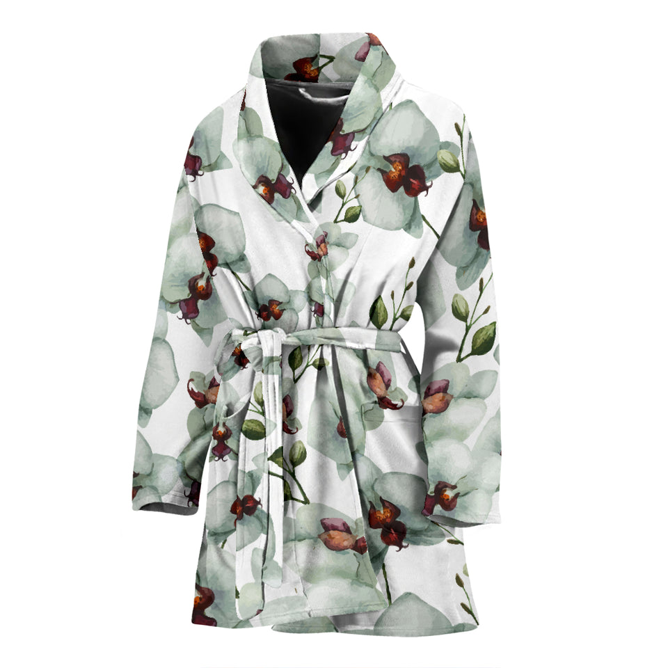 White Orchid Pattern Women Bathrobe