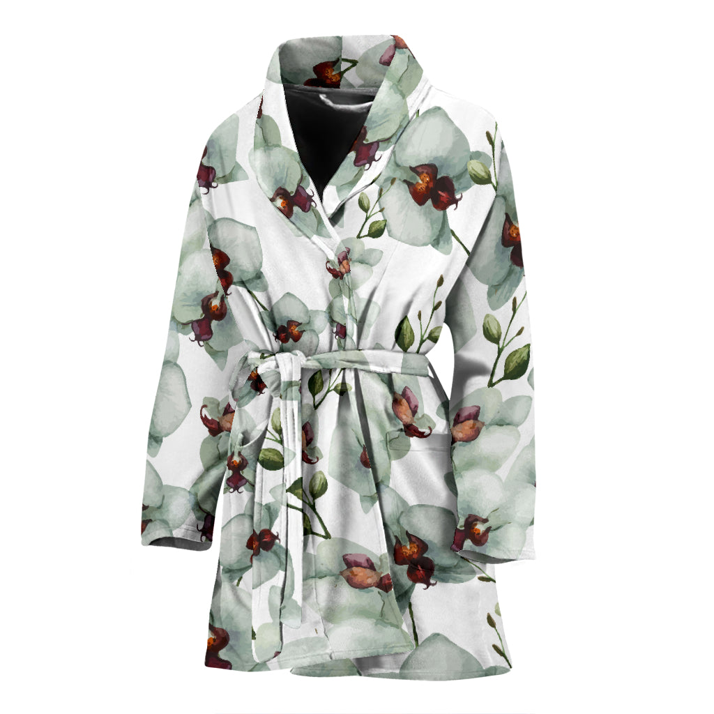 White Orchid Pattern Women Bathrobe