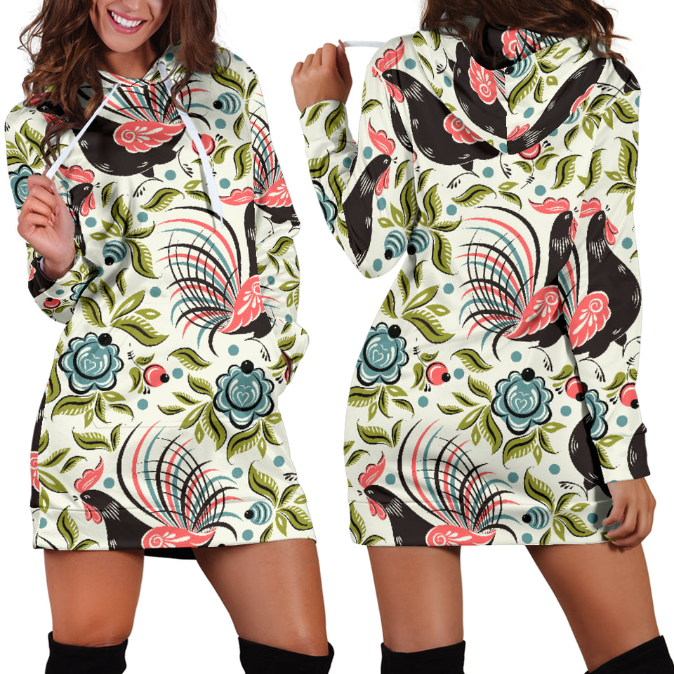 Rooster Chicken Leaves Pattern Women Hoodie Dress