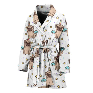 Unicorn Pug Pattern Women Bathrobe