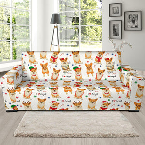 Christmas Corgi Pattern Background Sofa Slipcover
