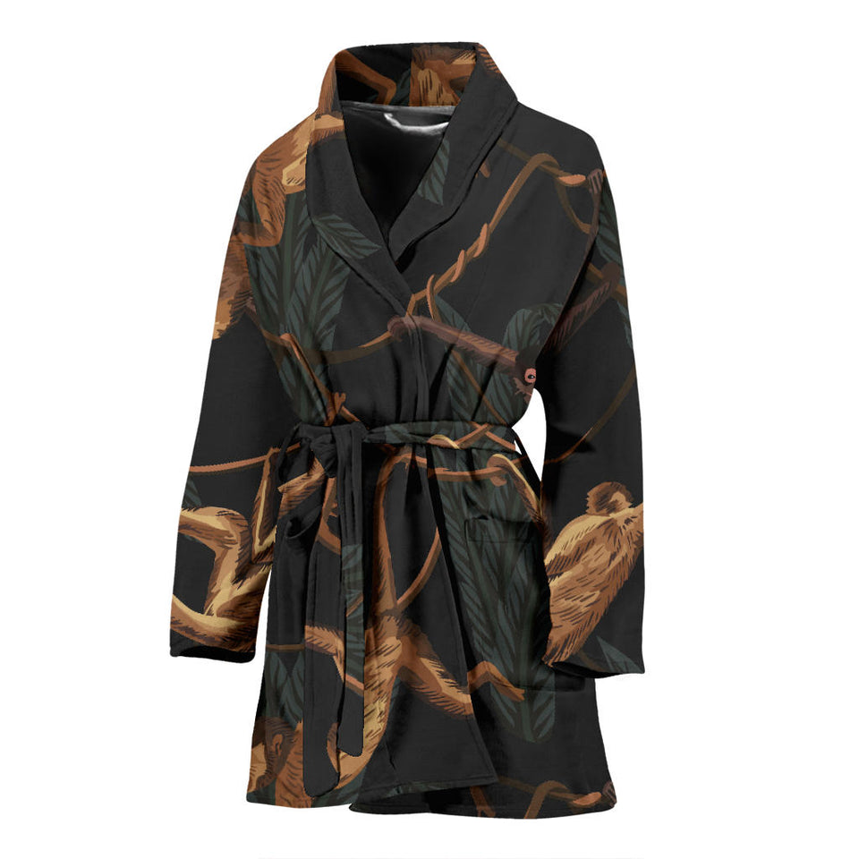 Monkey Pattern Black Background Women Bathrobe