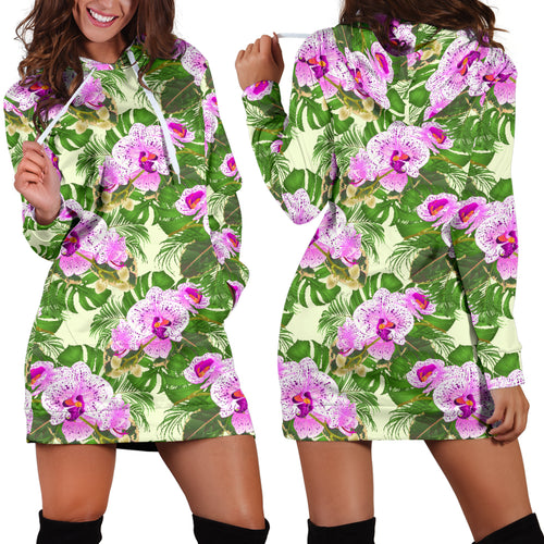 Orchid Leaves Pattern Women Hoodie Dress