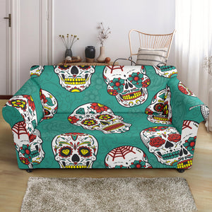 Suger Skull Pattern Green Background Loveseat Couch Slipcover