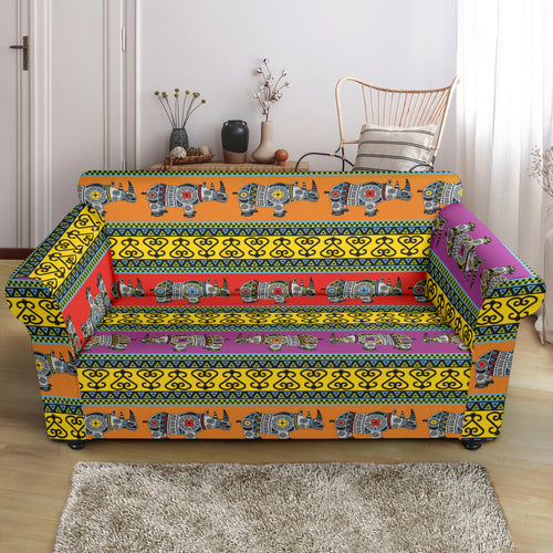 Rhino African Afro Dashiki Adinkra Kente Pattern Ethnic Motifs Loveseat Couch Slipcover