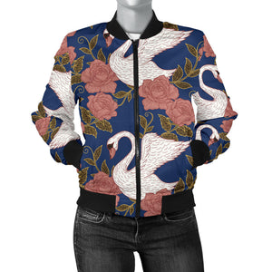 Swan Rose Pattern Women Bomber Jacket