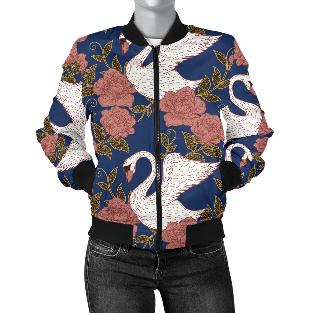 Swan Rose Pattern Women Bomber Jacket