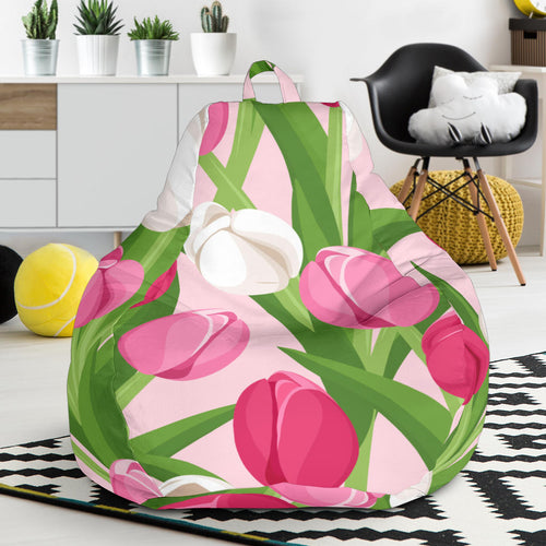 Pink White Tulip Pattern Bean Bag Cover