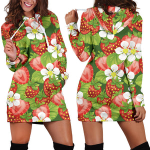 Strawberry Leaves Flower Pattern Women Hoodie Dress