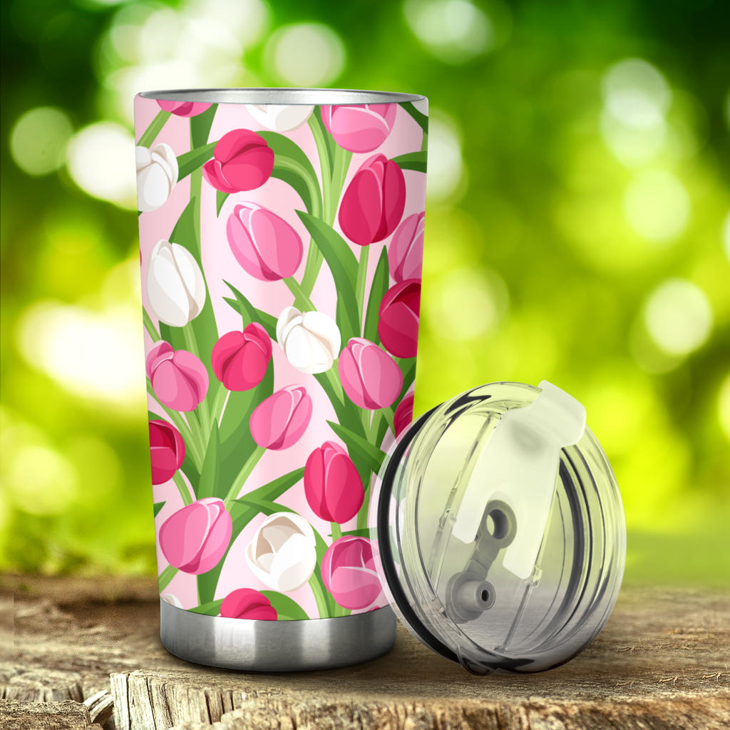 Pink White Tulip Pattern Tumbler