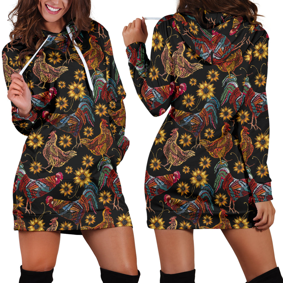 Rooster Chicken Flower Pattern Women Hoodie Dress