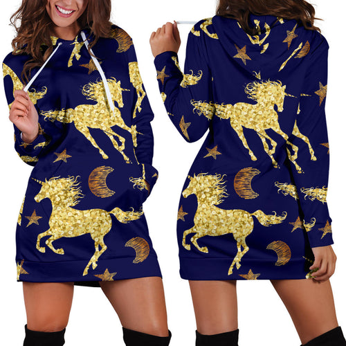 Unicorn Gold Pattern Women Hoodie Dress