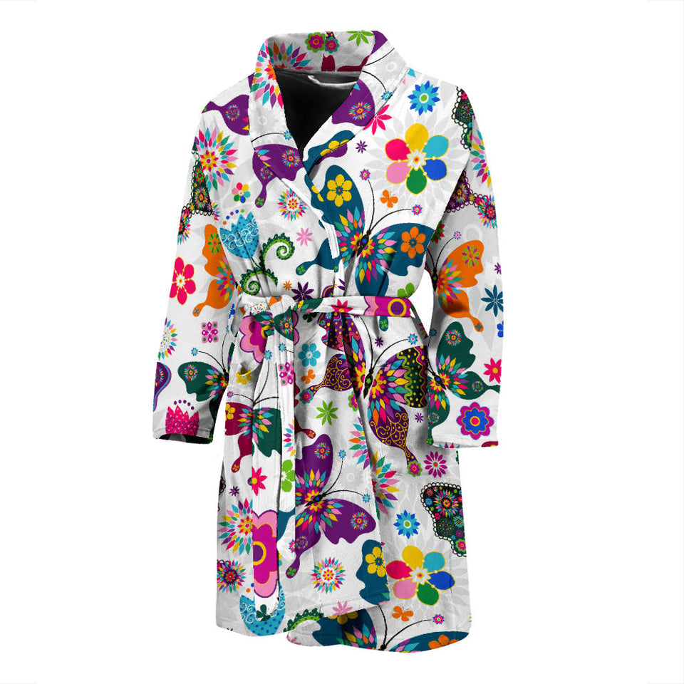 Colorful Butterfly Flower Pattern Men Bathrobe