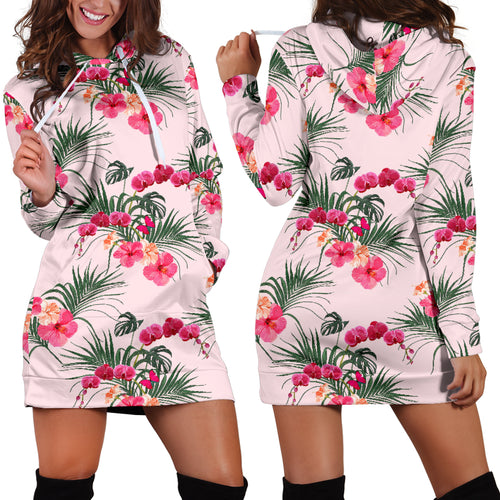 Red Pink Orchid Hibiscus Pattern Women Hoodie Dress