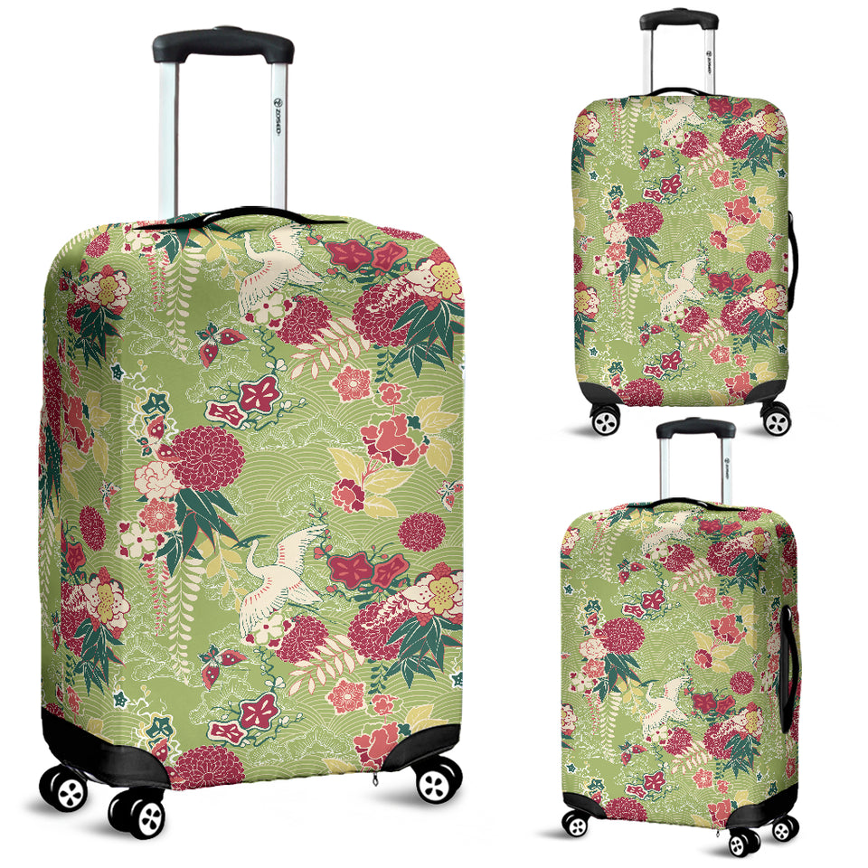 Japanese Crane Green Theme Pattern Luggage Covers