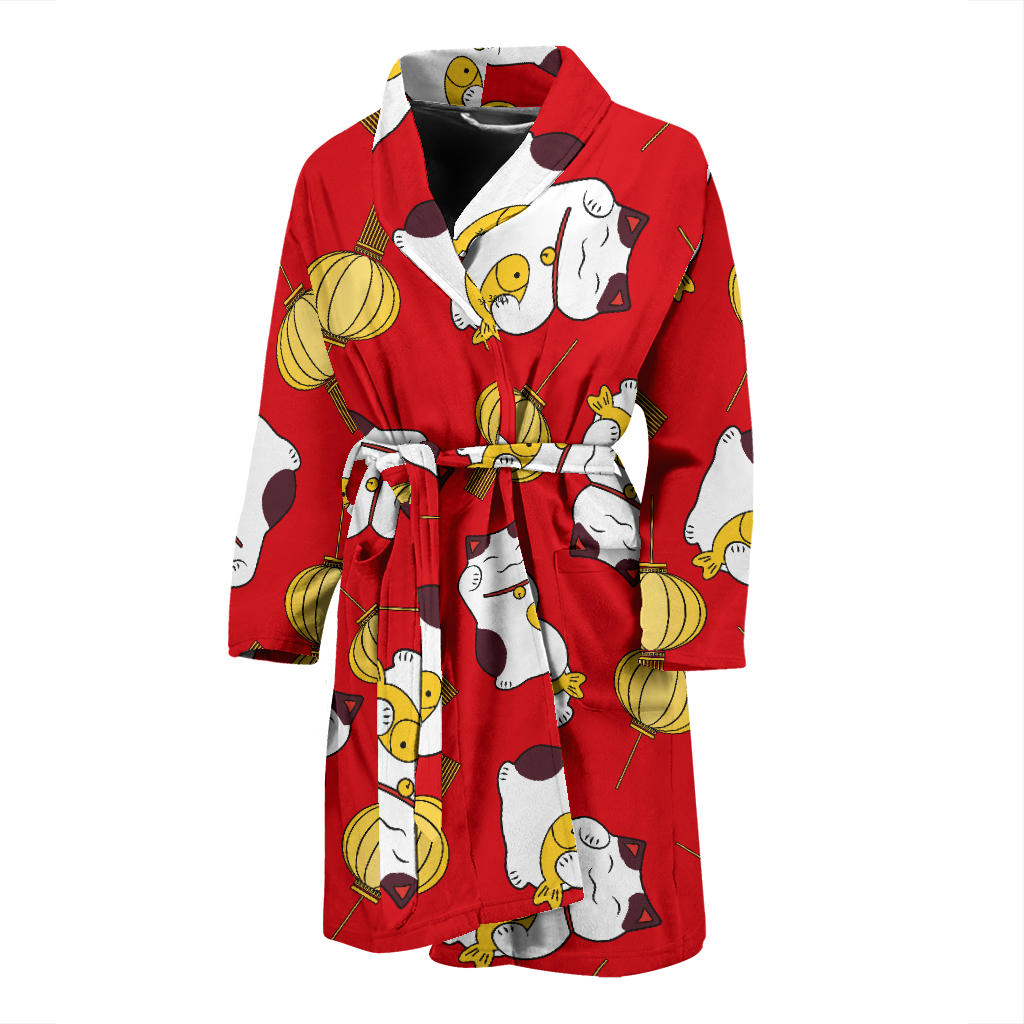 Meneki Neko Lucky Cat Pattern Red Theme Men Bathrobe