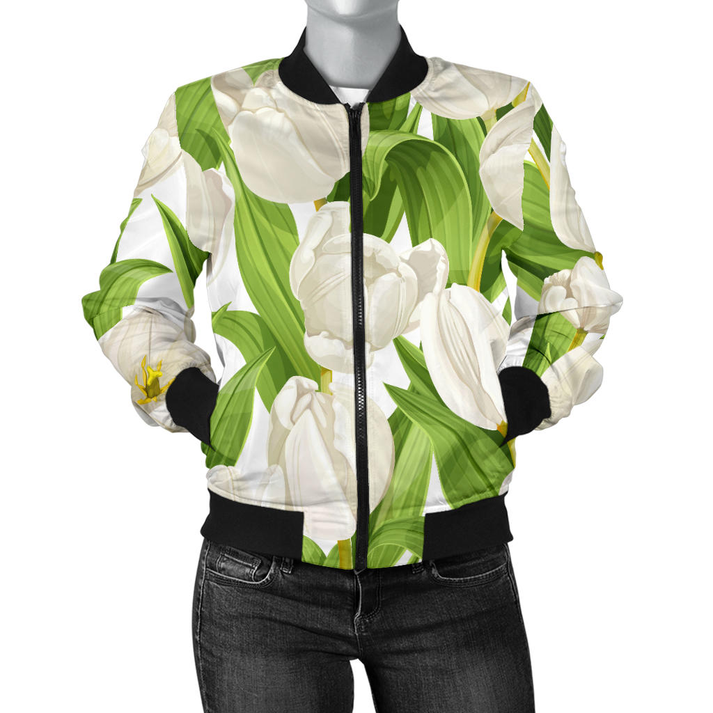 White Tulip Pattern Women Bomber Jacket