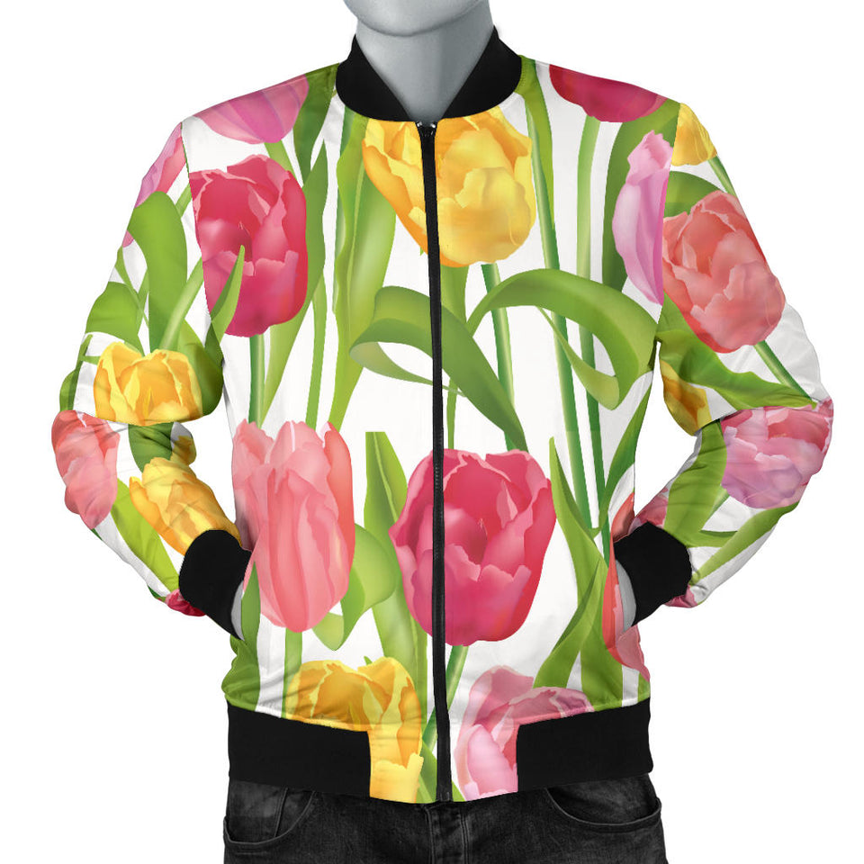 Pink Red Yellow Tulip Pattern Men Bomber Jacket