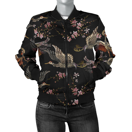 Japanese Crane Pattern Background Women Bomber Jacket