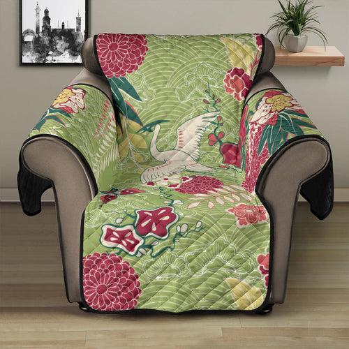 Japanese Crane Green Theme Pattern Recliner Cover Protector