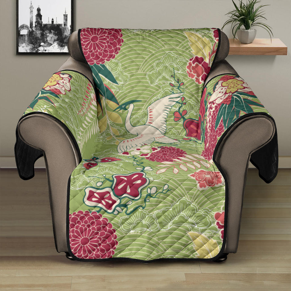 Japanese Crane Green Theme Pattern Recliner Cover Protector